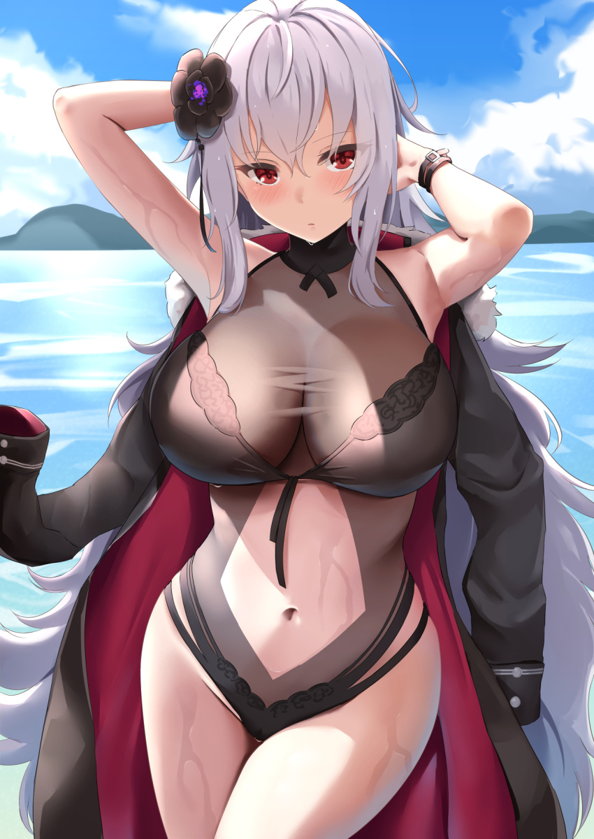 1girl armpits arms_behind_head arms_up azur_lane bangs bare_shoulders black_coat black_flower black_rose black_swimsuit blue_sky blush breasts cleavage cloud coat commentary_request cowboy_shot day eyebrows_visible_through_hair flower fur-trimmed_coat fur_trim graf_zeppelin_(azur_lane) graf_zeppelin_(beachside_urd)_(azur_lane) groin hair_between_eyes hair_flower hair_ornament highres horizon jacket jacket_on_shoulders kanade_pa large_breasts long_hair looking_at_viewer navel navel_cutout ocean one-piece_swimsuit outdoors parted_lips red_eyes rose see-through sidelocks silver_hair sky solo standing swimsuit taut_clothes taut_swimsuit very_long_hair wet wrist_straps