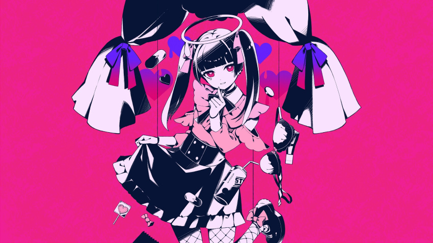 1girl bendy_straw black_footwear black_hair black_skirt bow bow_bra bra bra_removed can candy commentary_request detached_sleeves drinking_straw fishnet_legwear fishnets food frilled_skirt frills hair_bow halo hatsune_miku head_tilt heart heart-shaped_pupils heart_lollipop highres kneeling lollipop long_sleeves looking_at_viewer nou original parted_lips pill pink_bow pink_shirt pink_sleeves purple_background red_eyes shirt shoes skirt skirt_hold sleeveless sleeveless_shirt smile solo symbol-shaped_pupils twintails underwear vocaloid