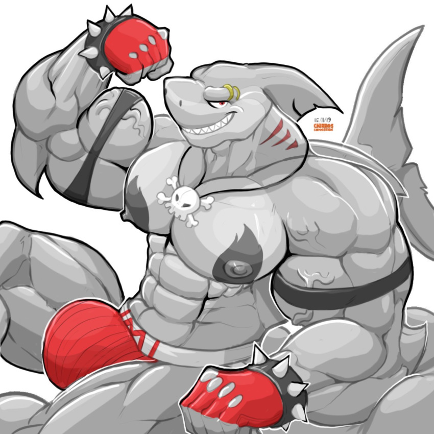 1:1 abs anthro biceps bracelet bulge chirros clothing fish flexing gloves grey_body handwear hi_res jewelry jockstrap male marine markshark muscular muscular_anthro muscular_male nipples pecs red_gloves red_jockstrap shark shark_tail sitting smile smirk solo spiked_bracelet spikes underwear vein