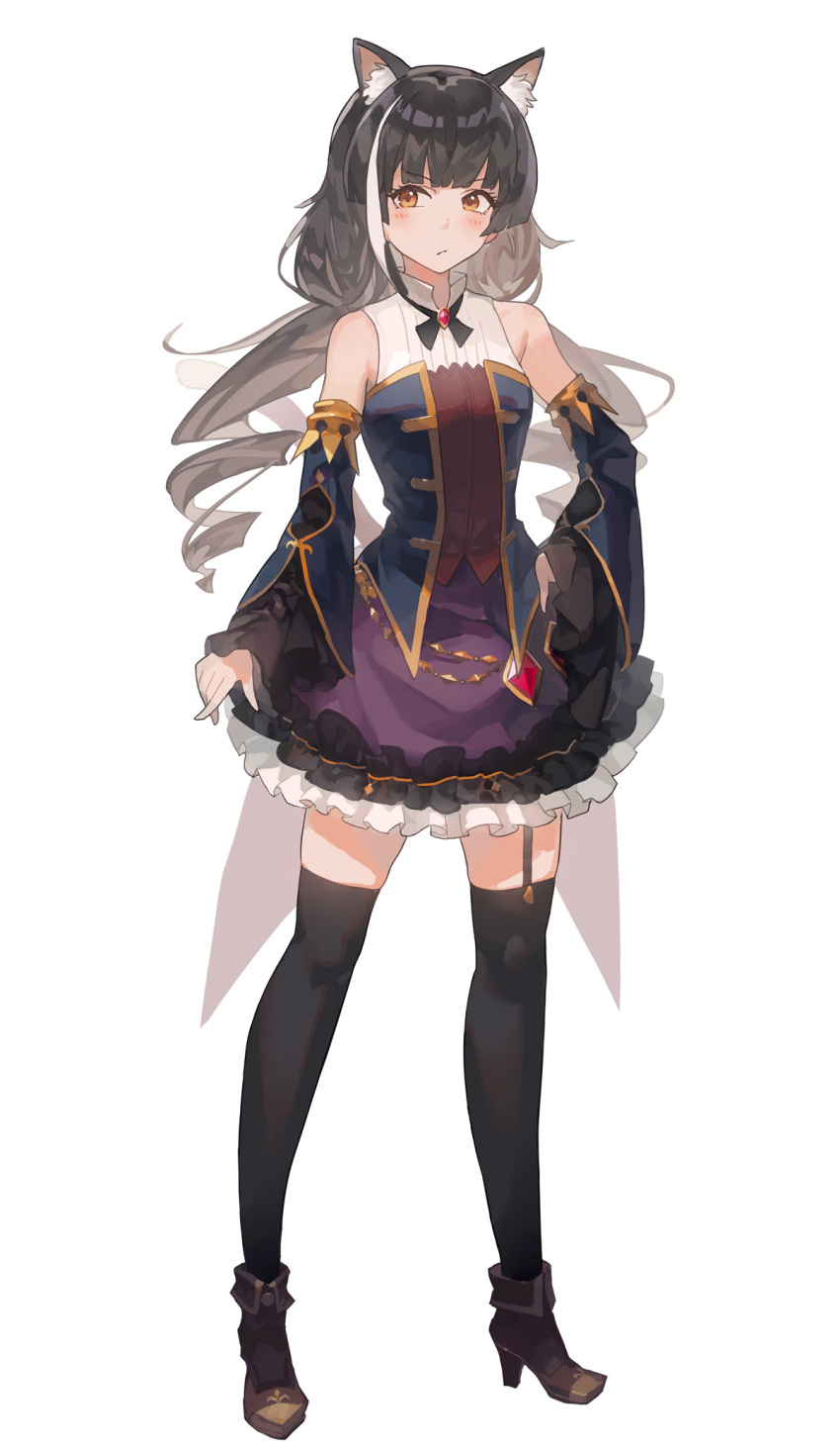 1girl animal_ear_fluff animal_ears ankle_boots bangs bare_shoulders black_hair black_legwear boots cat_ears cat_girl cat_tail cosplay detached_sleeves dress frilled_sleeves frills full_body garter_straps hand_on_hip high_heel_boots high_heels highres idolmaster idolmaster_shiny_colors karyl_(princess_connect!) karyl_(princess_connect!)_(cosplay) kemonomimi_mode long_hair long_sleeves looking_at_viewer low_twintails madaragi mayuzumi_fuyuko multicolored multicolored_clothes multicolored_dress multicolored_hair princess_connect! princess_connect!_re:dive solo standing streaked_hair tail thighhighs twintails two-tone_hair very_long_hair white_background white_hair zettai_ryouiki