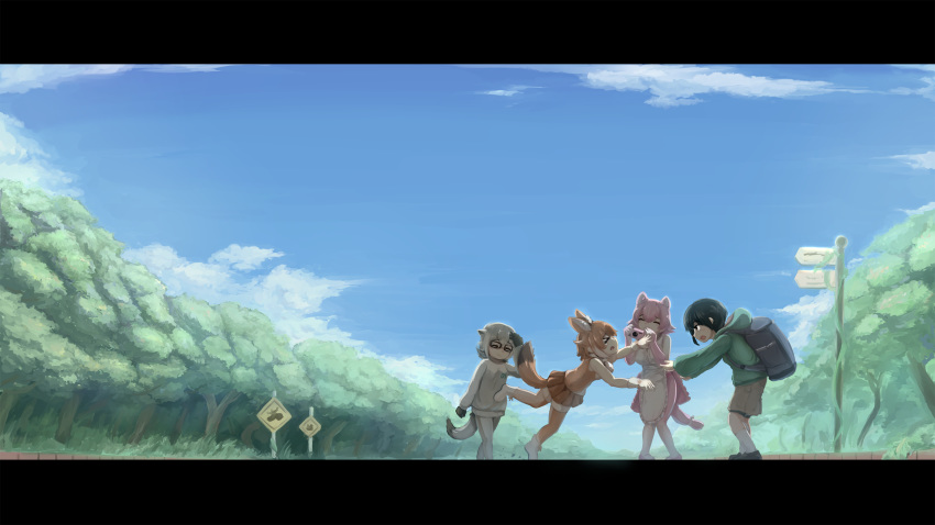&gt;_&lt; 4girls animal_ears black_hair blue_sky brown_hair captain_(kemono_friends) cat_girl closed_eyes day dhole_(kemono_friends) dog_ears dog_girl dog_tail elbow_gloves eyebrows_visible_through_hair facing_another falling furrowed_eyebrows glasses gloves grey_hair highres kemono_friends kemono_friends_3 knees_together_feet_apart letterboxed looking_at_another meerkat_(kemono_friends) meerkat_ears meerkat_tail multiple_girls okyao outdoors panther_ears panther_tail pantyhose peach_panther_(kemono_friends) pink_hair scenery shirt shoes short_hair shorts sign skirt sky smile standing sweater tail thighhighs tree tripping walking zettai_ryouiki