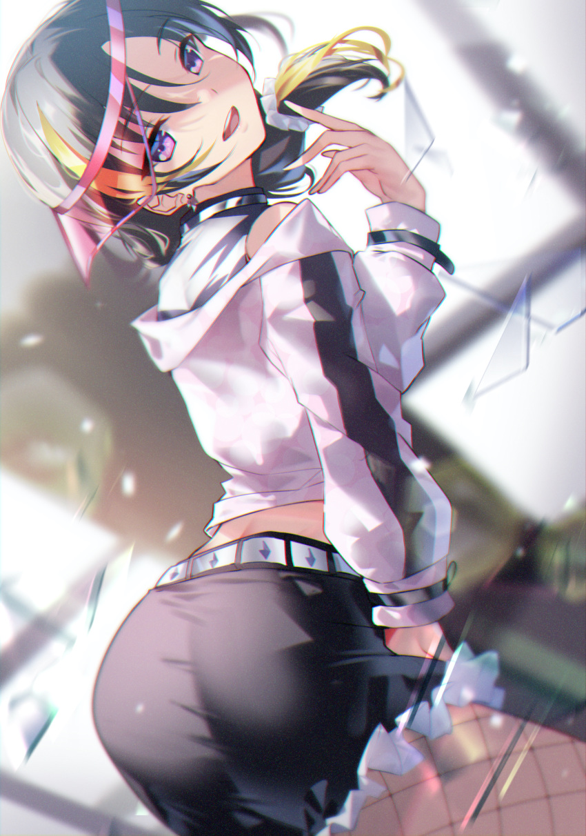 1girl absurdres animal_print blonde_hair dazzling_white_town ear_piercing fishnet_legwear fishnets hand_up highres jacket kazuno_leah leaning_forward looking_at_viewer love_live! love_live!_sunshine!! low_ponytail multicolored_hair piercing purple_eyes purple_hair shirt short_shorts shorts sleeveless sleeveless_shirt smile solo streaked_hair visor_cap white_jacket yamaori_(yamaorimon) zebra_print