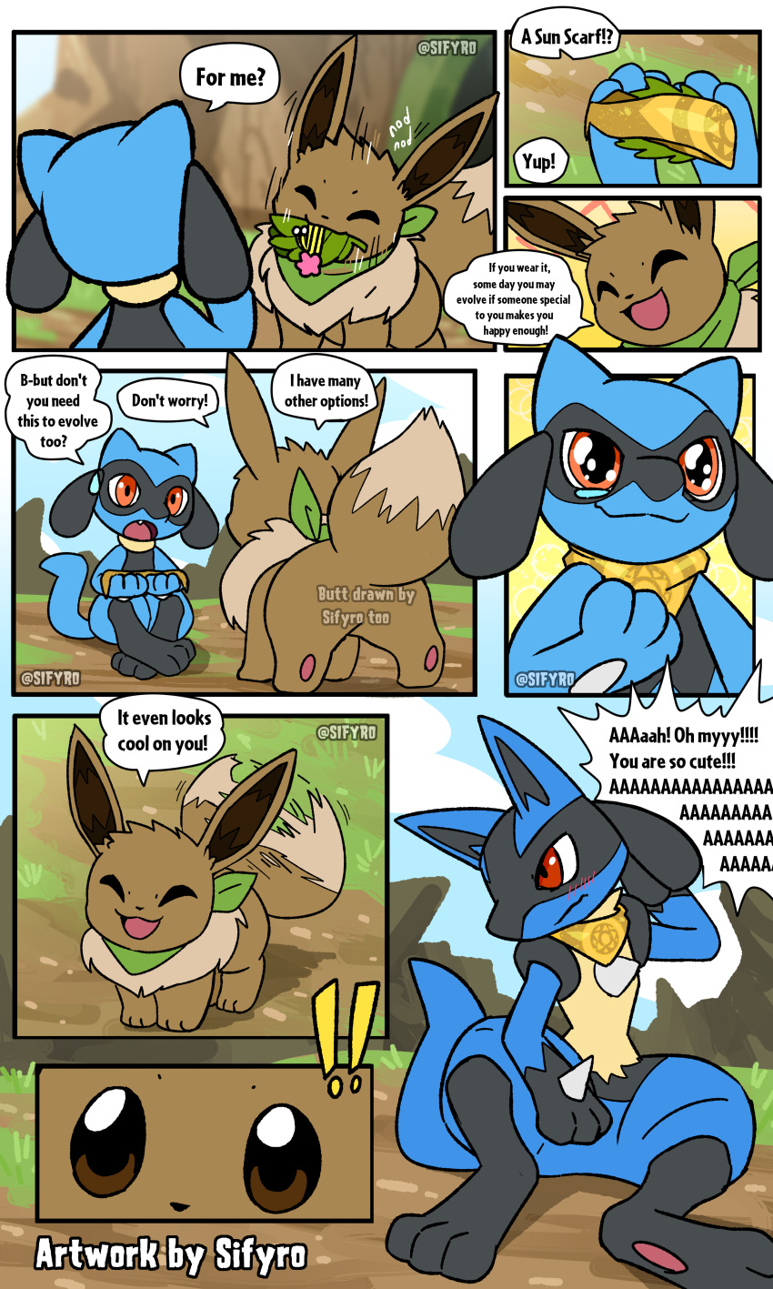 ! 3:5 absurd_res ambiguous_gender anthro baby_pok&eacute;mon blitzdrachin blush bodily_fluids brown_body brown_fur butt canid clothed clothed_feral clothing comic conditional_dnp cute_fangs dialogue dipstick_tail eevee english_text eyes_closed feral fluffy fur happy hi_res lucario mammal motion_blur motion_lines multicolored_tail nintendo nodding open_mouth paws pok&eacute;mon pok&eacute;mon_(species) pok&eacute;mon_mystery_dungeon riolu scarf speech_bubble sweat sweatdrop tailwag tears text video_games watermark