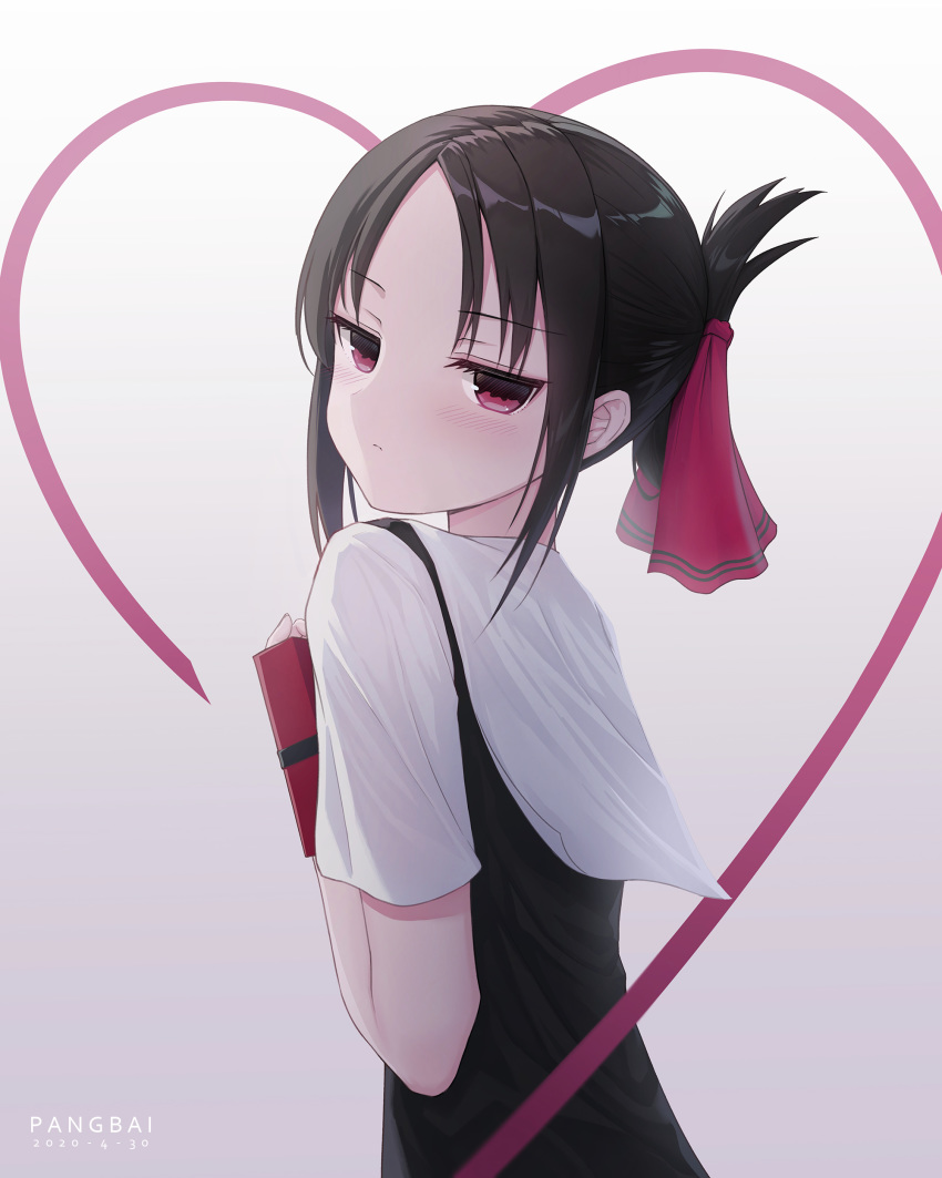 1girl absurdres artist_name bangs black_dress black_hair blush box breasts closed_mouth collarbone commentary_request dated dress eyebrows_visible_through_hair folded_ponytail from_side frown glaring gradient gradient_background hair_ribbon heart heart_print highres holding holding_box jitome kaguya-sama_wa_kokurasetai_~tensai-tachi_no_renai_zunousen~ looking_at_viewer looking_to_the_side pangbai_666 parted_bangs red_eyes red_ribbon ribbon school_uniform shinomiya_kaguya shirt short_hair short_sleeves shuuchiin_academy_uniform sidelocks solo summer_uniform upper_body white_shirt