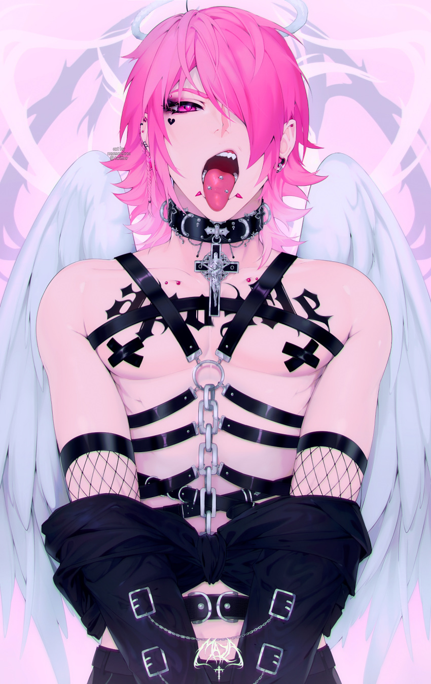 1boy angel_wings bangs bare_shoulders blue_wings chain chest_harness collar collarbone commentary cross crucifix ear_piercing earrings fishnets hair_over_one_eye halo highres jewelry lip_piercing looking_at_viewer male_focus o-ring oncha open_mouth original pants piercing pink_eyes pink_hair sharp_teeth shirtless short_hair signature solo tattoo teeth tongue tongue_out tongue_piercing undressing v_arms wings