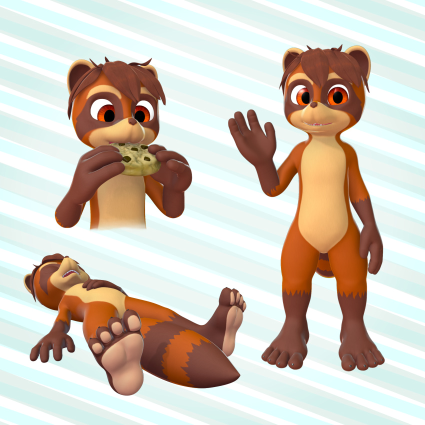 1:1 2016 3d_(artwork) 4_fingers 4_toes abstract_background anthro barefoot blue_background brown_body brown_eyes brown_fur brown_hair cinnamon_(cinnamoncookies) cinnamoncookies cookie digital_media_(artwork) eating featureless_crotch fingers food front_view fur hair hi_res holding_food holding_object lying male mammal nude on_back procyonid raccoon simple_background sleeping solo standing toes