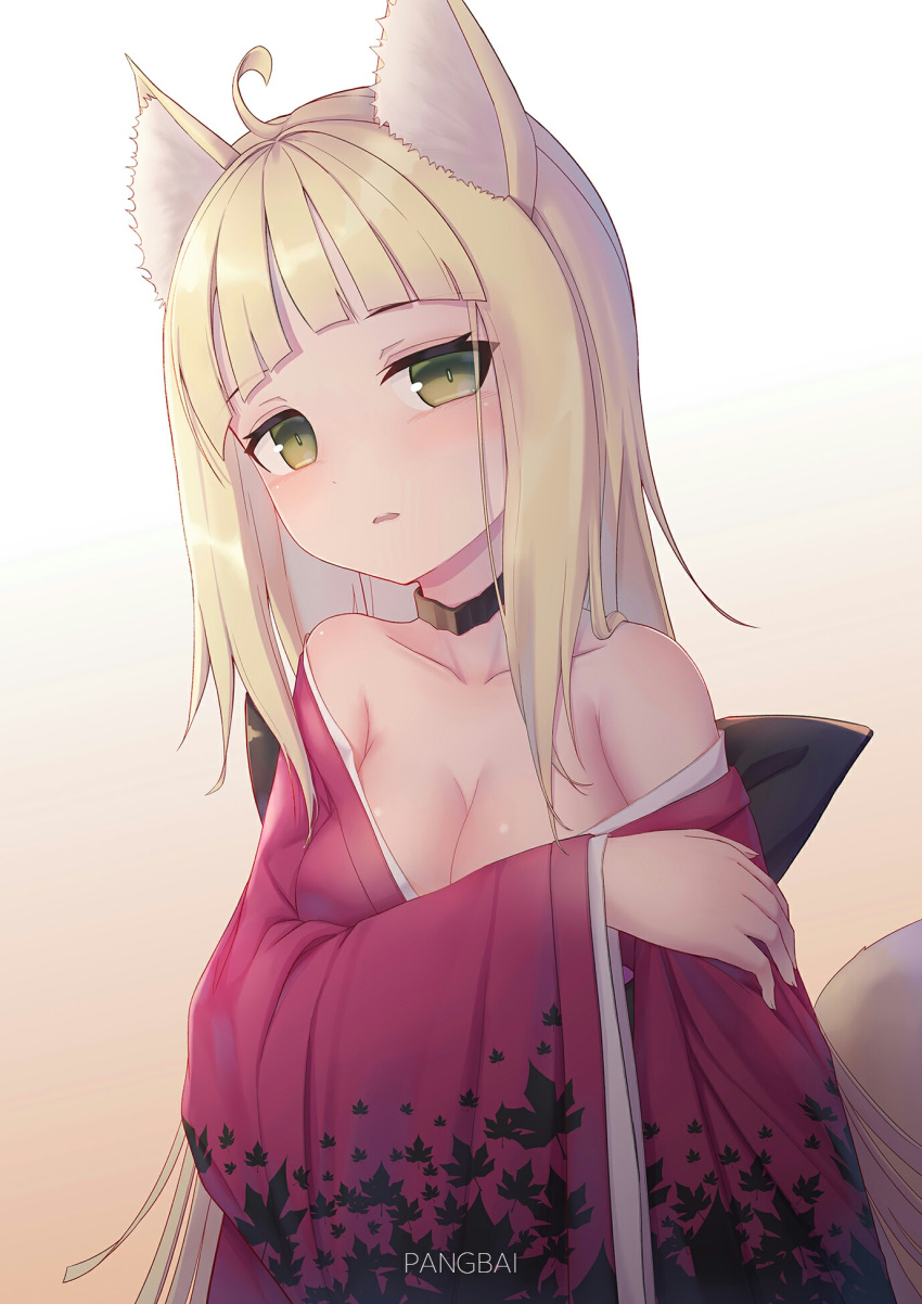 1girl ahoge animal_ear_fluff animal_ears artist_name bangs bare_shoulders black_choker blonde_hair breasts brown_eyes character_request choker cleavage collarbone commentary_request dungeon_ni_deai_wo_motomeru_no_wa_machigatteiru_darou_ka fox_ears gradient gradient_background highres japanese_clothes kimono leaf_print long_hair long_sleeves looking_at_viewer medium_breasts off-shoulder_kimono open_mouth pangbai_666 parted_lips pink_kimono print_kimono solo upper_body wide_sleeves