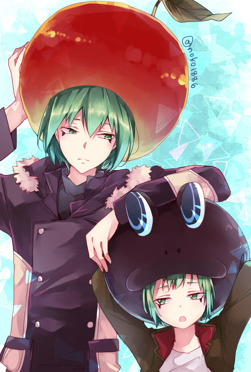 2boys age_difference age_progression animal_hat arm_up arms_behind_head artist_name bangs buttons child closed_mouth coat collar collared_jacket fran_(reborn) frog_hat fruit_hat fur_collar fur_trim green_eyes green_hair green_jacket hand_on_headwear hat highres jacket katekyo_hitman_reborn! long_sleeves looking_at_another looking_down looking_to_the_side male_focus multiple_boys multiple_persona noko_(noko1886) open_clothes open_jacket shirt short_hair standing straight_hair uniform white_shirt