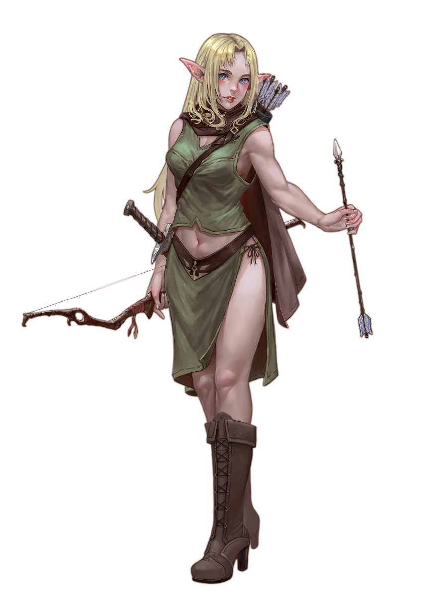 1girl absurdres arrow_(projectile) blonde_hair blue_eyes boots bow_(weapon) breasts brown_cape brown_footwear cape cross-laced_footwear elf full_body glint green_shirt highres holding holding_bow_(weapon) holding_weapon knee_boots lipstick long_hair looking_at_viewer makeup navel original pointy_ears quiver sheath sheathed shirt simple_background sleeveless solo standing sword thighhighs very_long_hair weapon white_background xue_qi_ye_(dndtmbdue)
