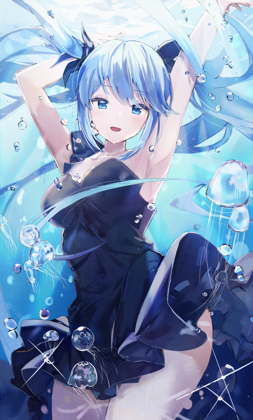 1girl air_bubble armpits arms_up asymmetrical_clothes bangs bare_shoulders black_dress black_ribbon blue_eyes blue_hair breasts bubble cleavage commentary_request contrapposto cowboy_shot dedeko dress hair_ribbon hatsune_miku highres jellyfish long_hair looking_at_viewer medium_breasts ribbon shinkai_shoujo_(vocaloid) sidelocks single_strap sleeveless sleeveless_dress solo sunlight swept_bangs thighs twintails underwater very_long_hair vocaloid