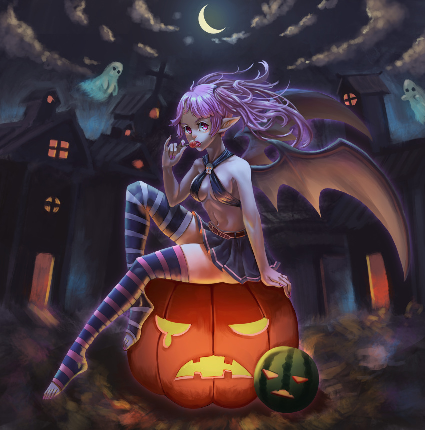 1girl absurdres bangs bare_arms bare_shoulders belt breasts brown_belt candy crescent_moon demon_girl demon_wings floating_hair food fruit ghost hair_tie highres holding holding_candy holding_food holding_lollipop house jack-o'-lantern lollipop long_hair looking_at_viewer medium_breasts melon moon navel night original outdoors pink_nails pointy_ears pumpkin sitting skirt skull smile solo stomach striped striped_legwear thighhighs toeless_legwear wings xue_qi_ye_(dndtmbdue)