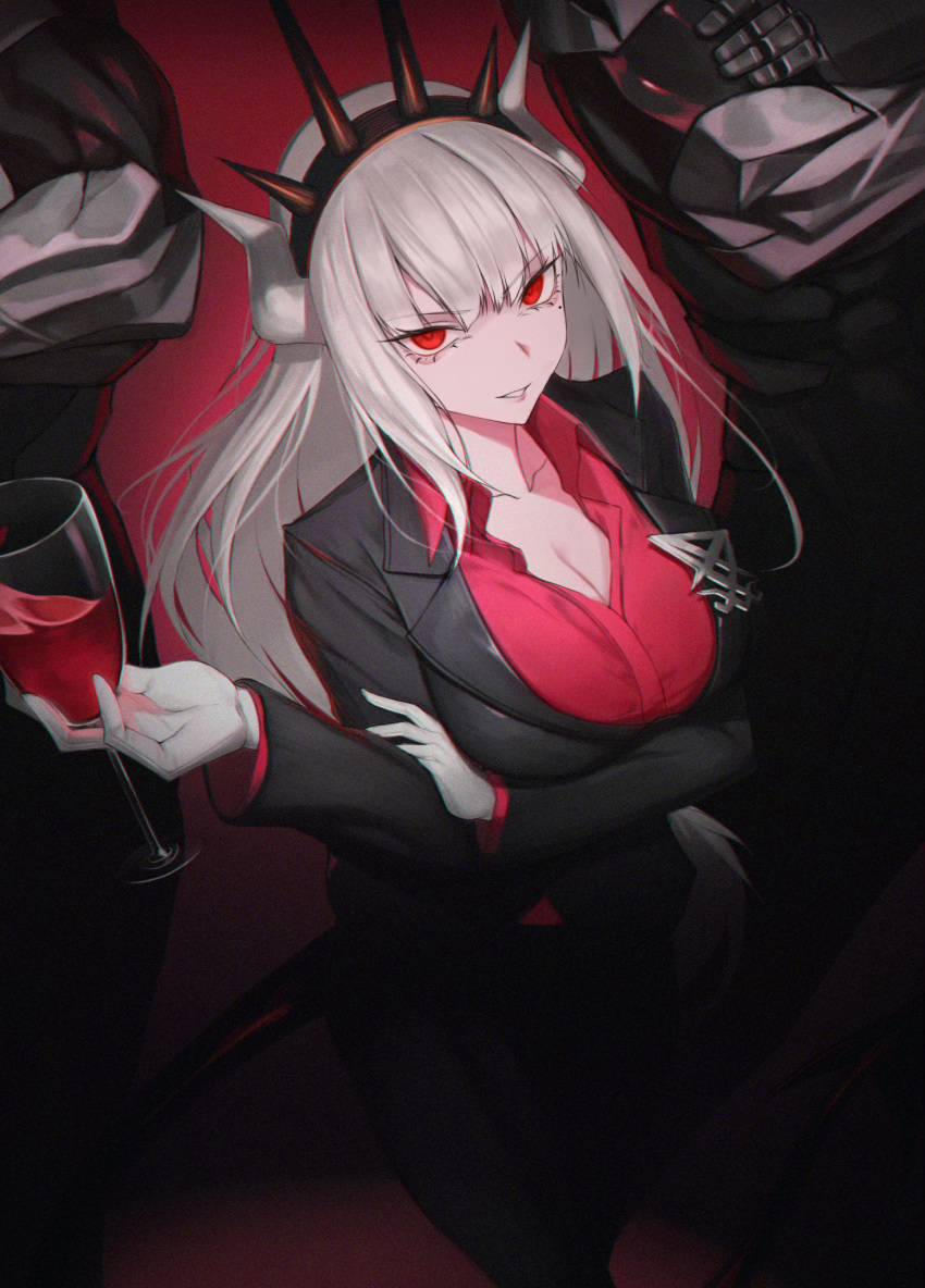 1girl 2boys ambiguous_red_liquid black_hairband bodyguard breasts cleavage collarbone crossed_arms cup drinking_glass eyebrows_visible_through_hair eyes_visible_through_hair formal garmagi115 gloves grey_hair hairband helltaker highres holding holding_cup horns long_hair looking_at_viewer lucifer_(helltaker) mole mole_under_eye multiple_boys muscle parted_lips red_background red_eyes scratches solo_focus spikes suit white_gloves wine_glass