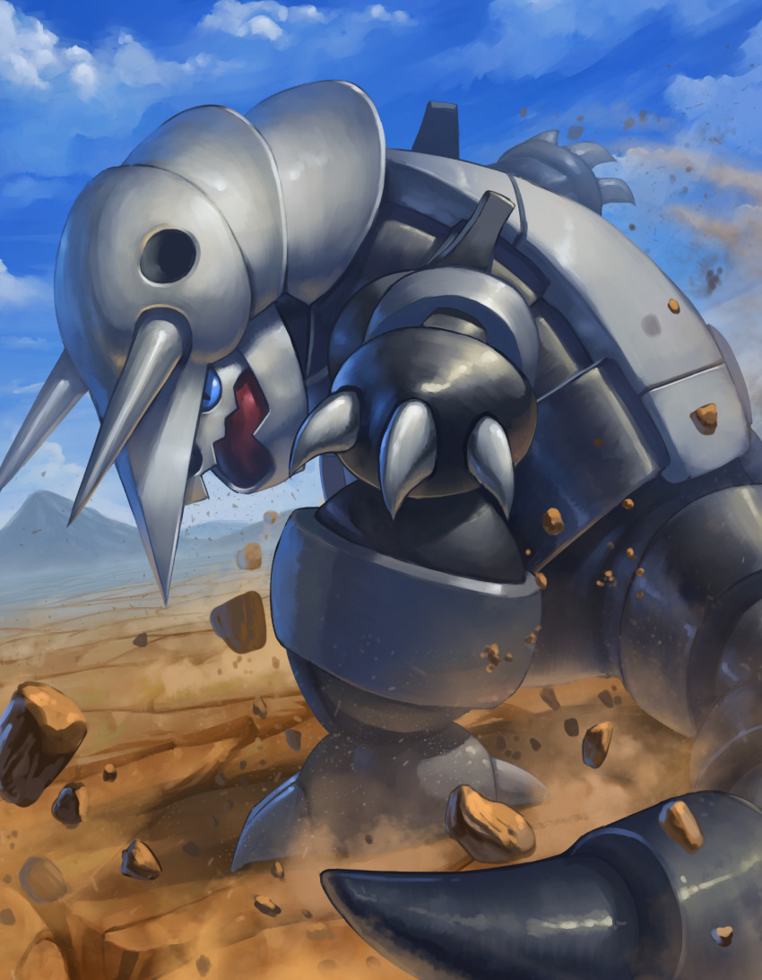 aggron blue_sclera claws cloud commentary_request day gen_3_pokemon highres horns mountain no_humans open_mouth outdoors outstretched_arms pokemon pokemon_(creature) rock sky standing supearibu tongue