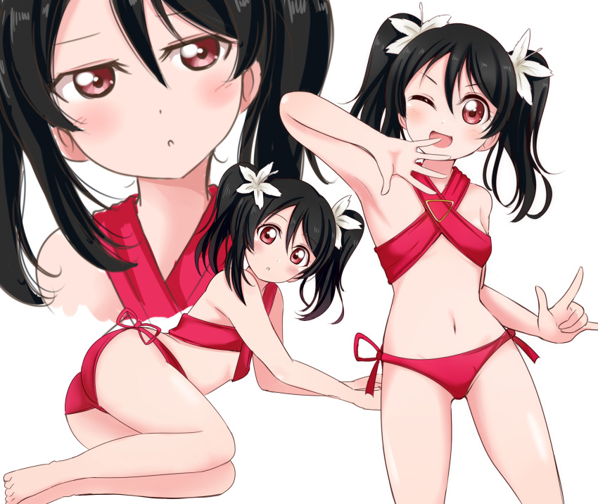 1girl ;d bangs bikini black_hair breasts floating_hair flower hair_between_eyes hair_flower hair_ornament head_tilt highres long_hair looking_at_viewer love_live! love_live!_school_idol_project lying on_side one_eye_closed open_mouth parted_lips red_bikini red_eyes red_ribbon ribbon side-tie_bikini simple_background small_breasts smile standing swimsuit twintails wewe white_background white_flower yazawa_nico