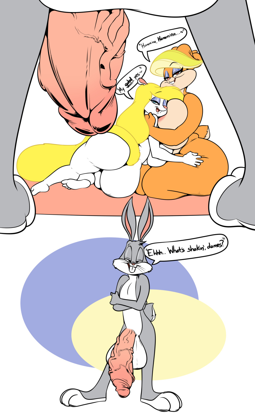 absurd_res animaniacs anthro balls big_balls big_breasts big_butt big_penis breasts bugs_bunny butt dialogue female female/female genitals hi_res huge_balls huge_breasts huge_penis hyper hyper_genitalia hyper_penis kneeling lagomorph leporid looney_tunes male mammal mature_female minerva_mink mink mustelid musteline nude patricia_bunny penis rabbit tail_aside the_looney_tunes_show warner_brothers xaveknyne