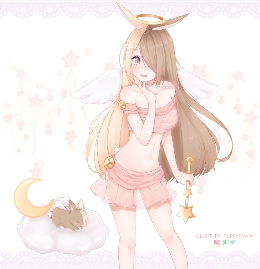 1girl :d angel_wings animal_ears artist_name bangs bare_shoulders blonde_hair blush breasts brown_hair bunny bunny_ears bunny_tail cleavage collarbone commentary crescent_moon deviantart_logo feet_out_of_frame hair_over_one_eye halo highres holding holding_wand instagram_logo large_breasts long_hair looking_at_viewer moon navel open_mouth original pink_eyes pink_skirt puppypaww short_sleeves skirt smile solo star_(symbol) tail twitter_logo wand white_wings wings
