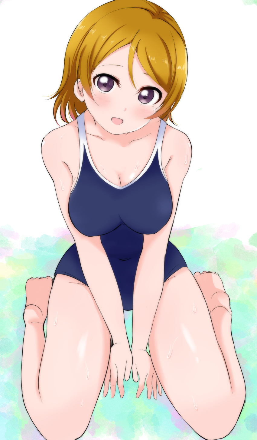 1girl :d absurdres bangs barefoot between_legs blonde_hair blue_swimsuit breasts cleavage collarbone hair_between_eyes hand_between_legs head_tilt highres koizumi_hanayo looking_at_viewer love_live! love_live!_school_idol_project medium_breasts open_mouth purple_eyes school_swimsuit shiny shiny_hair short_hair sitting smile solo swimsuit wariza wewe white_background