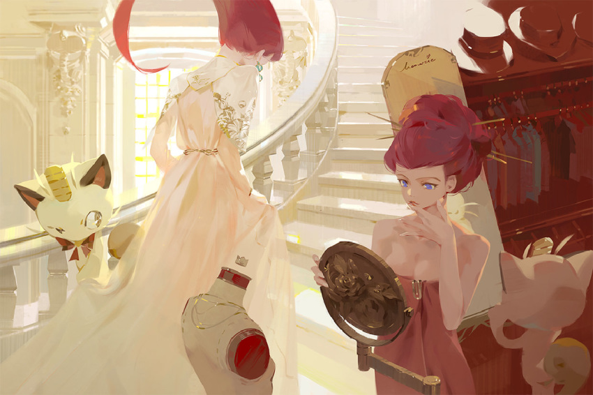 1girl a-shacho breasts cleavage clothes commentary_request dress earrings gen_1_pokemon hair_ornament hairpin holding indoors jewelry long_hair looking_at_object looking_down meowth musashi_(pokemon) pink_dress pokemon pokemon_(anime) pokemon_(creature) purple_eyes red_hair stairs team_rocket walking wardrobe window