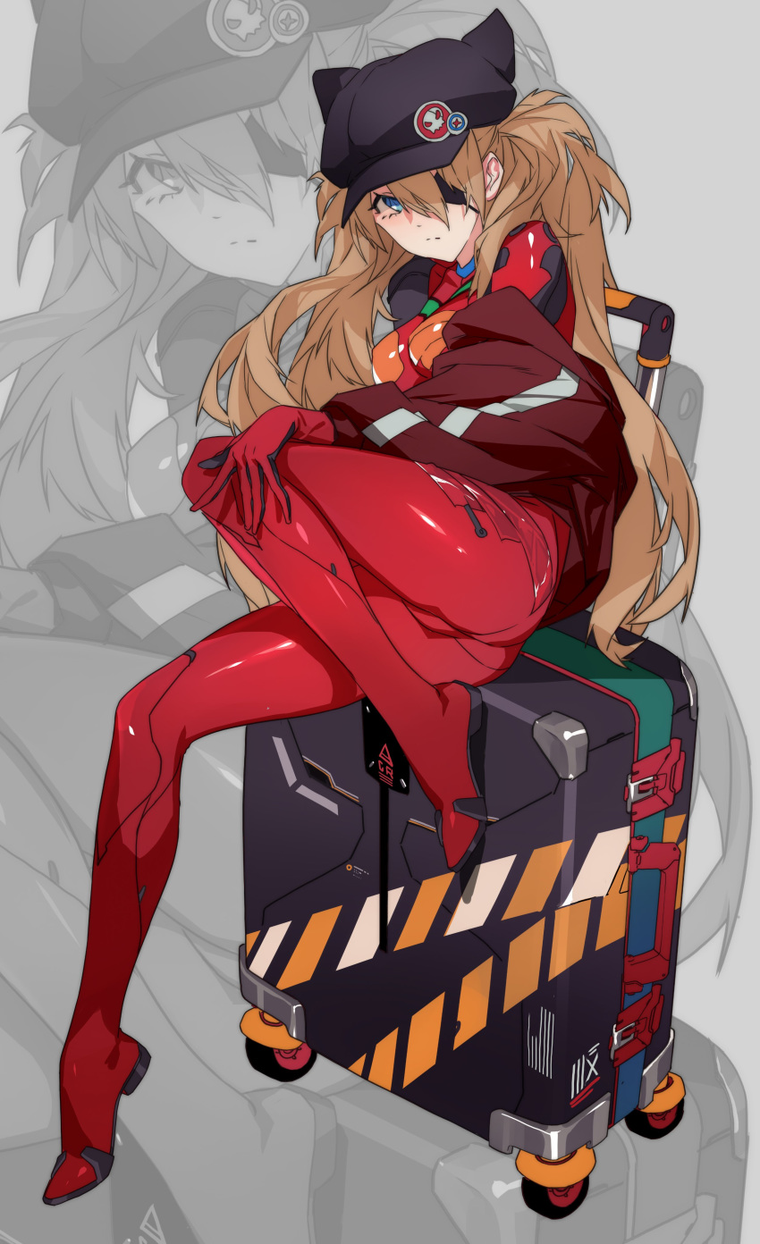 1girl absurdres animal_hat ass black_headwear blue_eyes bodysuit breasts cameltoe cat_hat closed_mouth commentary ears english_commentary evangelion:_3.0_you_can_(not)_redo expressionless eyepatch grandia_lee hand_on_own_leg hat head_tilt highres jacket leg_up long_hair looking_at_viewer medium_breasts neon_genesis_evangelion rebuild_of_evangelion red_bodysuit red_hair red_jacket rolling_suitcase shikinami_asuka_langley sitting sitting_on_object solo souryuu_asuka_langley suitcase very_long_hair
