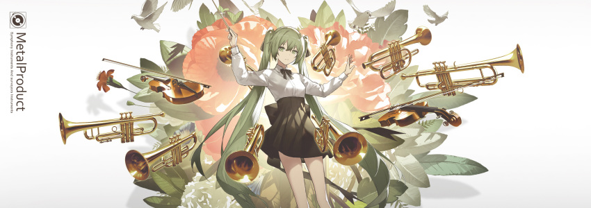 1girl baton bird black_skirt blue_flower commentary conductor dove english_commentary feet_out_of_frame floral_background flower flower_request green_eyes green_hair hands_up hatsune_miku highres instrument kieed leaf light_smile long_hair long_sleeves looking_at_viewer morning_glory red_flower shirt skirt standing trumpet twintails very_long_hair violin violin_bow vocaloid white_background white_bird white_flower white_shirt