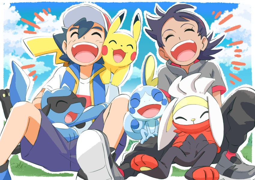 2boys absurdres bangs baseball_cap black_hair black_pants closed_eyes cloud commentary_request day gen_1_pokemon gen_4_pokemon gen_8_pokemon gou_(pokemon) grass hair_between_eyes hat highres jacket multiple_boys on_shoulder open_mouth outdoors pants pikachu pokemon pokemon_(anime) pokemon_(creature) pokemon_on_shoulder pokemon_swsh_(anime) raboot riolu satoshi_(pokemon) shirt shoes shorts sitting sky sobble spread_legs teeth tongue yasuda_shuuhei