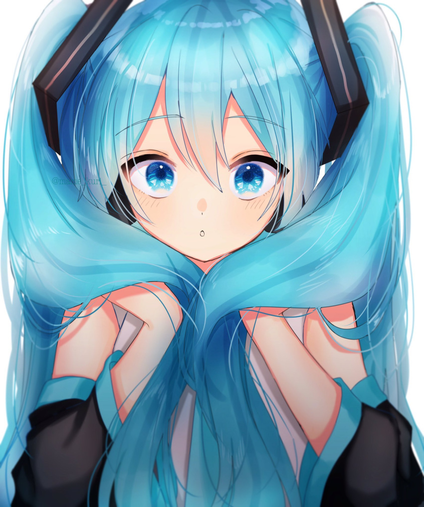 1girl :o aqua_eyes aqua_hair bangs blue_eyes blue_hair blue_theme blush detached_sleeves grey_shirt hair_between_eyes hair_ornament hair_over_shoulder hatsune_miku headphones highres holding holding_hair long_hair looking_at_viewer mame_kuri shirt simple_background solo surprised twintails upper_body vocaloid white_background