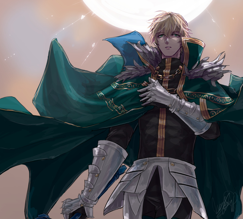 1boy armor black_gloves blonde_hair blue_eyes cape collared_cape excalibur_galatine fate/extra fate/grand_order fate_(series) fur_collar gauntlets gawain_(fate/extra) gloves green_cape holding holding_sword holding_weapon knight knights_of_the_round_table_(fate) long_sleeves looking_at_viewer male_focus short_hair signature solo sun sword weapon yuzuru_(kasou)