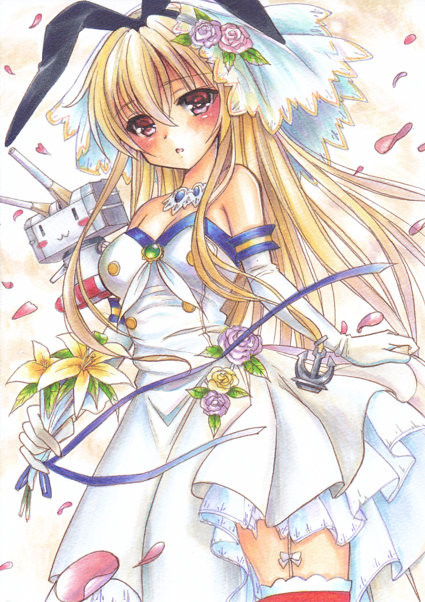 1girl anchor_symbol bangs blonde_hair blue_ribbon blush bouquet breasts cleavage dress elbow_gloves eyebrows_visible_through_hair floating_hair flower garter_straps gloves hair_between_eyes highres holding holding_bouquet innertube kantai_collection layered_dress long_hair marker_(medium) medium_breasts open_mouth petals red_eyes ribbon shimakaze_(kantai_collection) short_dress solo standing strapless strapless_dress thighhighs tomoeri traditional_media very_long_hair white_background white_dress white_gloves yellow_flower