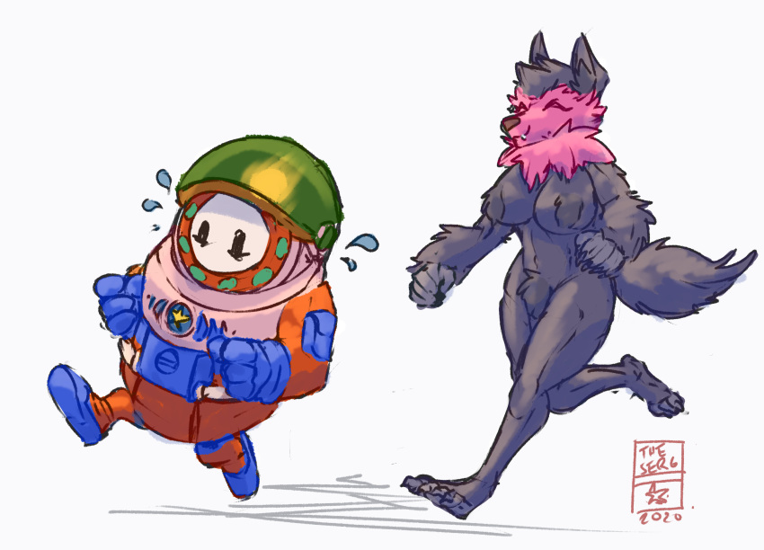 anthro arm_tuft big_bad_(fall_guys) black_body black_fur bodily_fluids canid canine canis chest_tuft crotch_tuft duo fall_guy fall_guys female fluffy fur hi_res male male/female mammal naturally_censored nipple_tuft pink_body pink_fur running smile spacesuit sweat sweatdrop theserg tuft wolf