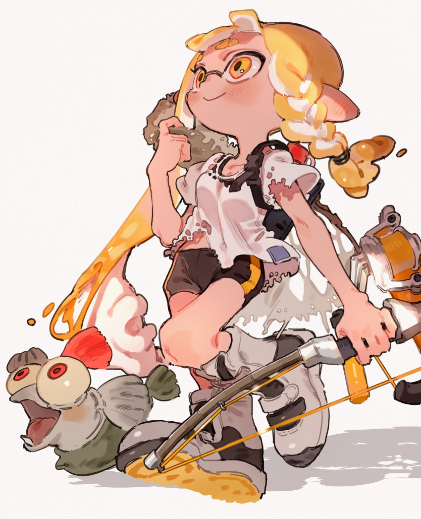 0_05kmgrn 1girl absurdres bike_shorts blonde_hair blush bow_(weapon) braid bulging_eyes domino_mask fish full_body grey_background highres inkling looking_away mask mohawk pointy_ears red_eyes red_hair salmonid shirt shoe_soles shoes simple_background smallfry_(splatoon) smile sneakers splatoon_(series) splatoon_3 t-shirt tentacle_hair torn_clothes torn_shirt walking weapon yellow_eyes