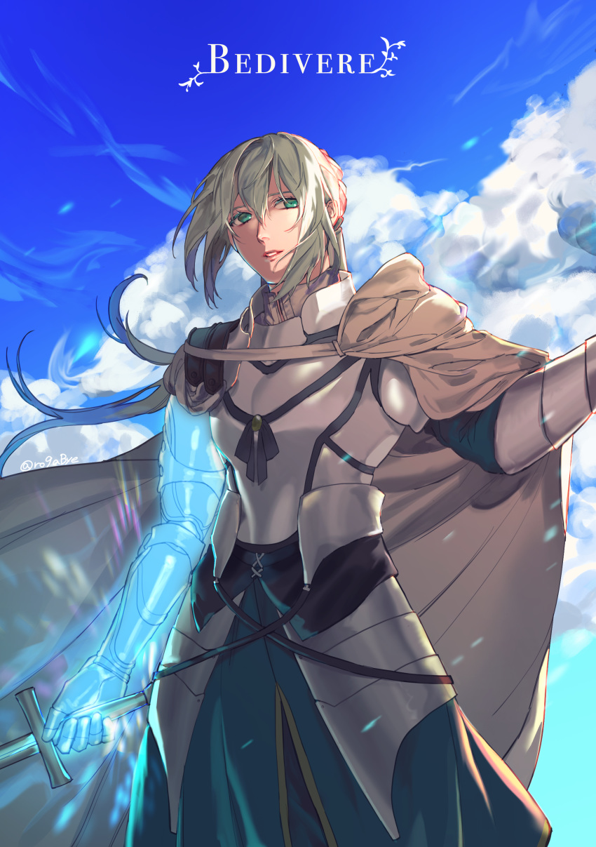 1boy absurdres armor bedivere blonde_hair braid breastplate cape character_name closed_mouth cloud fate/grand_order fate_(series) gauntlets green_eyes highres holding holding_sword holding_weapon knight long_hair looking_to_the_side male_focus na70413 outdoors ponytail prosthesis prosthetic_arm sky solo sword weapon white_cape