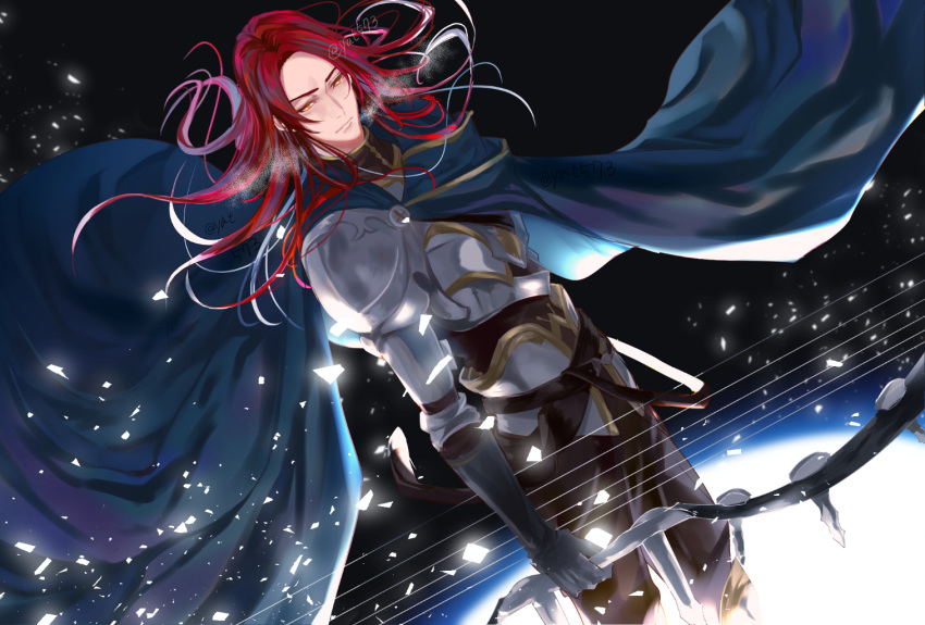1boy armor bishounen black_gloves bow_(weapon) cloak failnaught_(fate) fate/grand_order fate_(series) fur_trim gloves harp holding holding_weapon instrument knight long_hair long_sleeves looking_at_viewer male_focus open_eyes red_hair solo standing tristan_(fate/grand_order) twitter_username weapon white_cloak yat573 yellow_eyes
