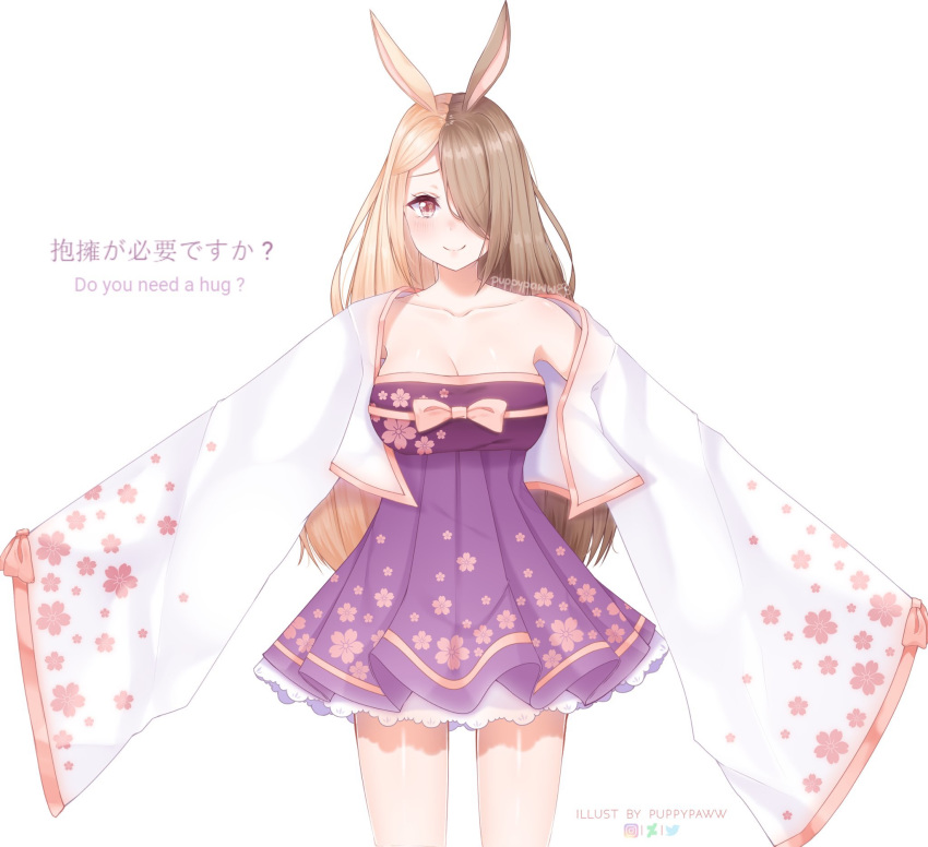 1girl animal_ears artist_name bangs bare_shoulders blonde_hair bow breasts brown_hair bunny_ears cleavage closed_mouth collarbone commentary cowboy_shot cropped_jacket deviantart_logo dress english_text floral_print frills hair_over_one_eye highres instagram_logo large_breasts long_hair long_sleeves looking_at_viewer multicolored_hair off_shoulder original pleated_dress puppypaww purple_dress simple_background sleeveless sleeveless_dress sleeves_past_wrists smile solo strapless strapless_dress twitter_logo two-tone_hair very_long_hair white_background wide_sleeves