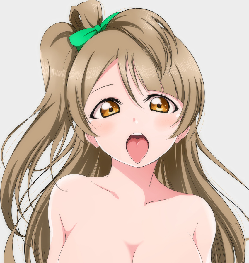 1girl asymmetrical_bangs bangs bow breasts brown_eyes brown_hair cleavage collarbone floating_hair green_bow grey_background hair_between_eyes hair_bow highres long_hair looking_at_viewer love_live! love_live!_school_idol_project medium_breasts minami_kotori nude open_mouth shiny shiny_hair side_ponytail simple_background solo tongue tongue_out upper_body very_long_hair wewe