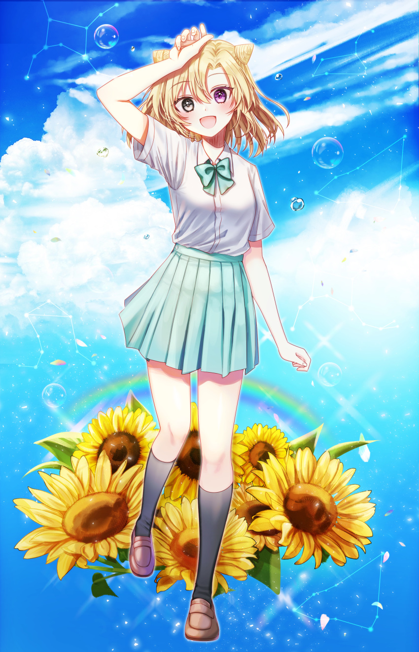 1girl 723/nanahumi :d absurdres arm_up bangs black_legwear blonde_hair blue_sky bow breasts brown_footwear bubble cloud cloudy_sky collared_shirt commentary_request constellation day dress_shirt eyebrows_visible_through_hair flower full_body green_bow green_skirt grey_eyes hair_between_eyes heterochromia highres kneehighs loafers looking_at_viewer open_mouth original outdoors pleated_skirt purple_eyes rainbow shirt shoes short_sleeves skirt sky small_breasts smile solo standing summer sunflower white_shirt yellow_flower