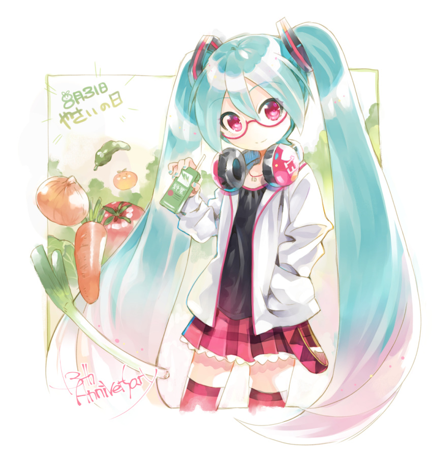 1girl anniversary aqua_nails belt black_shirt carrot chibi commentary cowboy_shot date_pun drink drinking_straw food frilled_skirt frills glasses hair_ornament hand_in_pocket hatsune_miku headphones headphones_around_neck highres holding holding_drink jacket jewelry juice_box kei_(keigarou) light_smile long_hair looking_at_viewer miniskirt nail_polish natural_(module) necklace number_pun onion pepper plaid plaid_skirt pleated_skirt project_diva_(series) red-framed_eyewear red_eyes red_legwear semi-rimless_eyewear shirt skirt solo spring_onion thighhighs tomato twintails vegetable very_long_hair vocaloid white_jacket zettai_ryouiki