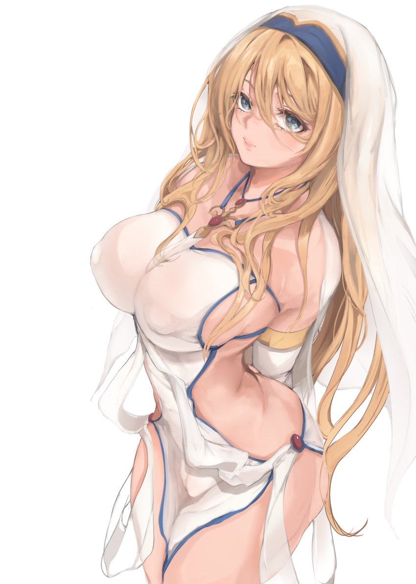 1girl absurdres arms_behind_back bangs blonde_hair blue_eyes breasts bridal_gauntlets covered_nipples dress goblin_slayer! habit hair_between_eyes highres impossible_clothes jewelry large_breasts long_hair looking_at_viewer mamimi_(mamamimi) necklace sideless_outfit simple_background solo sword_maiden veil white_background white_dress