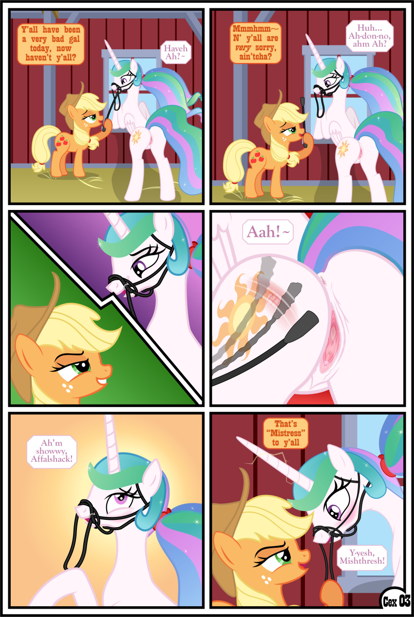 absurd_res anus applejack_(mlp) big_butt bridle butt comic dialogue duo english_text equid female female/female feral friendship_is_magic gag gagged genitals gutovi-kun hasbro hi_res horn larger_female letterbox mammal masochism my_little_pony princess_celestia_(mlp) pussy reddened_butt riding_crop size_difference small_dom_big_sub smaller_female text whip whipping winged_unicorn wings