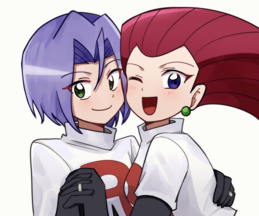 1boy 1girl blackchu_00 blue_eyes blush green_eyes kojirou_(pokemon) lavender_hair musashi_(pokemon) pink_hair pokemon pokemon_(anime) team_rocket