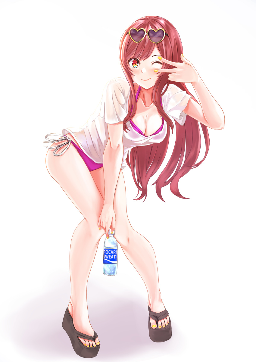 1girl ;) absurdres arm_up bangs bare_legs bikini bikini_under_clothes blush bottle breasts brown_footwear cleavage collarbone eyewear_on_head flip-flops full_body heart heart-shaped_eyewear highres holding holding_bottle idolmaster idolmaster_shiny_colors light_blush long_hair looking_at_viewer medium_breasts mossan_(mossan-777) nail_polish one_eye_closed oosaki_amana open_toe_shoes platform_footwear pocari_sweat purple_bikini red_eyes red_hair sandals see-through shirt short_sleeves side-tie_bikini sidelocks simple_background smile solo standing sunglasses sweat swimsuit toenail_polish v v_over_eye white_background white_shirt yellow_nails