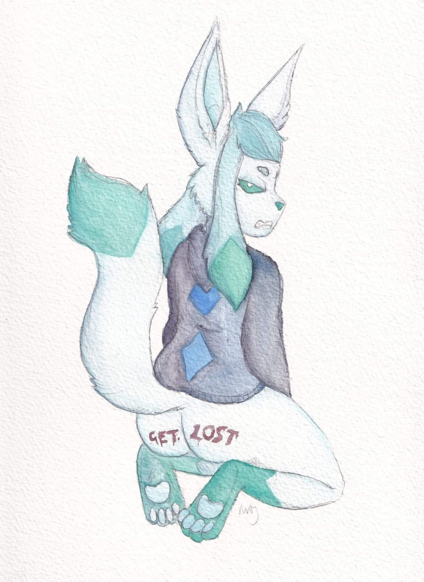 angry anthro bottomless british clenched_teeth clothed clothing eeveelution fan_character fawnshyart glace(~hey_yo~) glaceon hi_res hoodie male nintendo paint pok&eacute;mon pok&eacute;mon_(species) solo teeth topwear video_games
