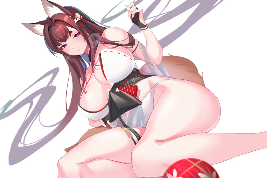 amagi_(azur_lane) animal_ears anthropomorphism azur_lane ball breasts brown_hair cleavage foxgirl gloves japanese_clothes kaneko_(bblogtinhan) long_hair panties purple_eyes see_through tail underwear