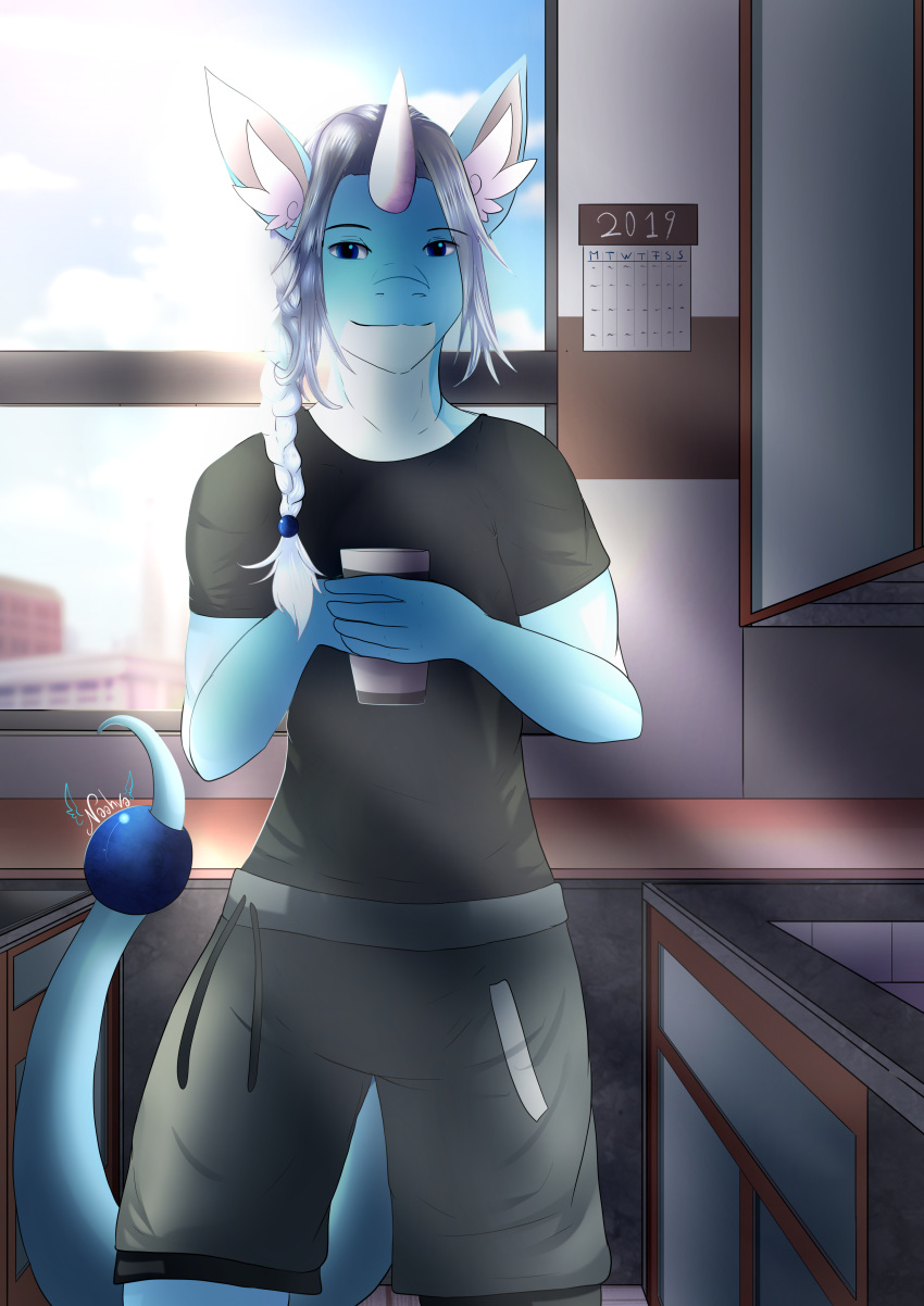 2020 absurd_res anthro braided_hair clothed clothing digital_media_(artwork) dragonair hair hi_res holding_object inside kitchen long_hair looking_at_viewer male naahva nintendo pok&eacute;mon pok&eacute;mon_(species) smile solo standing video_games