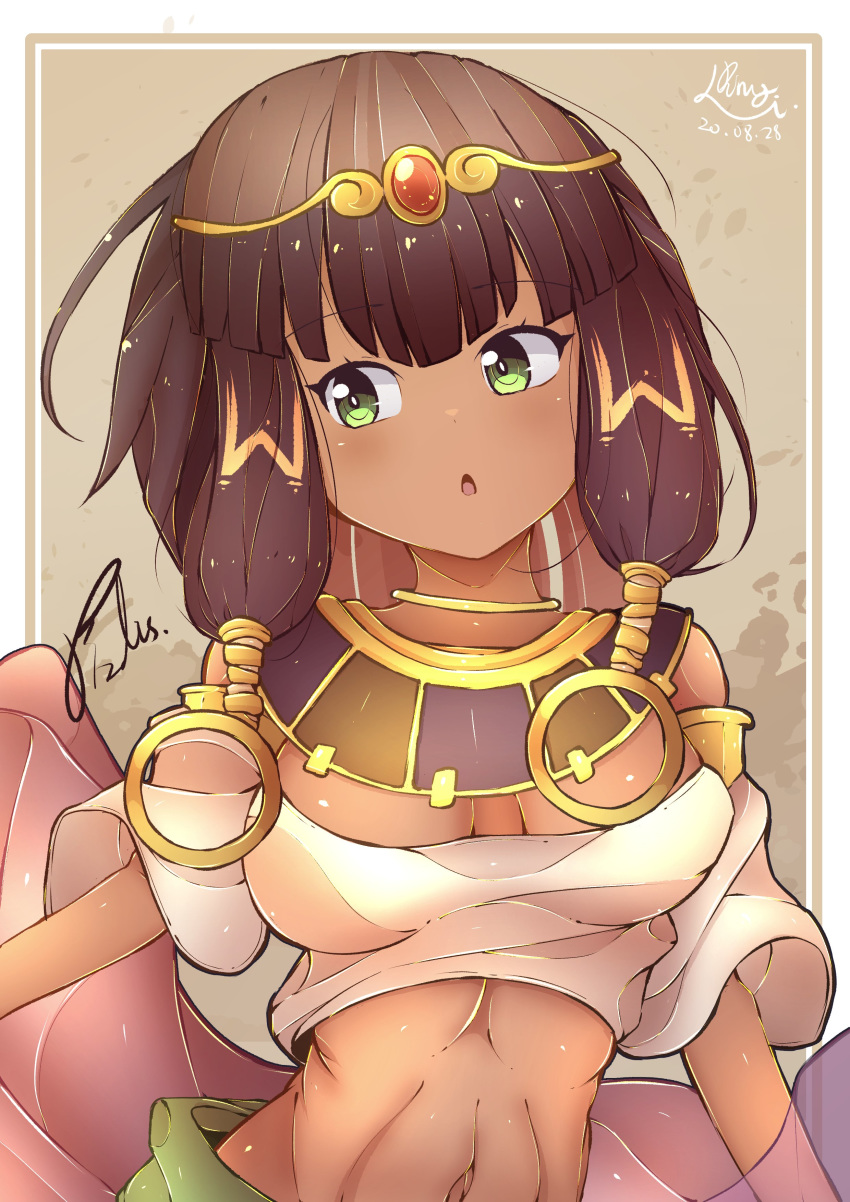 1girl absurdres armlet bangs bare_shoulders breasts brown_hair circlet cleavage dark_skin egyptian egyptian_clothes eyebrows_visible_through_hair fizdis gem gold green_eyes hair_ornament highres jewelry large_breasts li_king midriff navel open_mouth solo yuu-gi-ou