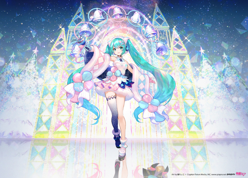 1girl aqua_eyes aqua_hair asymmetrical_legwear bare_shoulders bell black_legwear blue_gloves boots bow christmas_tree commentary crypton_future_media detached_sleeves different_reflection dress dress_bow fluffy fuji_choko full_body fur-trimmed_dress fur_trim gloves hair_ornament hairclip hatsune_miku headset holding holding_bell long_hair looking_at_viewer magical_mirai_(vocaloid) mismatched_footwear mismatched_gloves night night_sky official_art open_mouth outstretched_arms piapro pink_gloves reflection single_thighhigh sky sleeveless sleeveless_dress smile solo standing star_(sky) starry_sky thighhighs twintails very_long_hair vocaloid white_dress wide_shot winter
