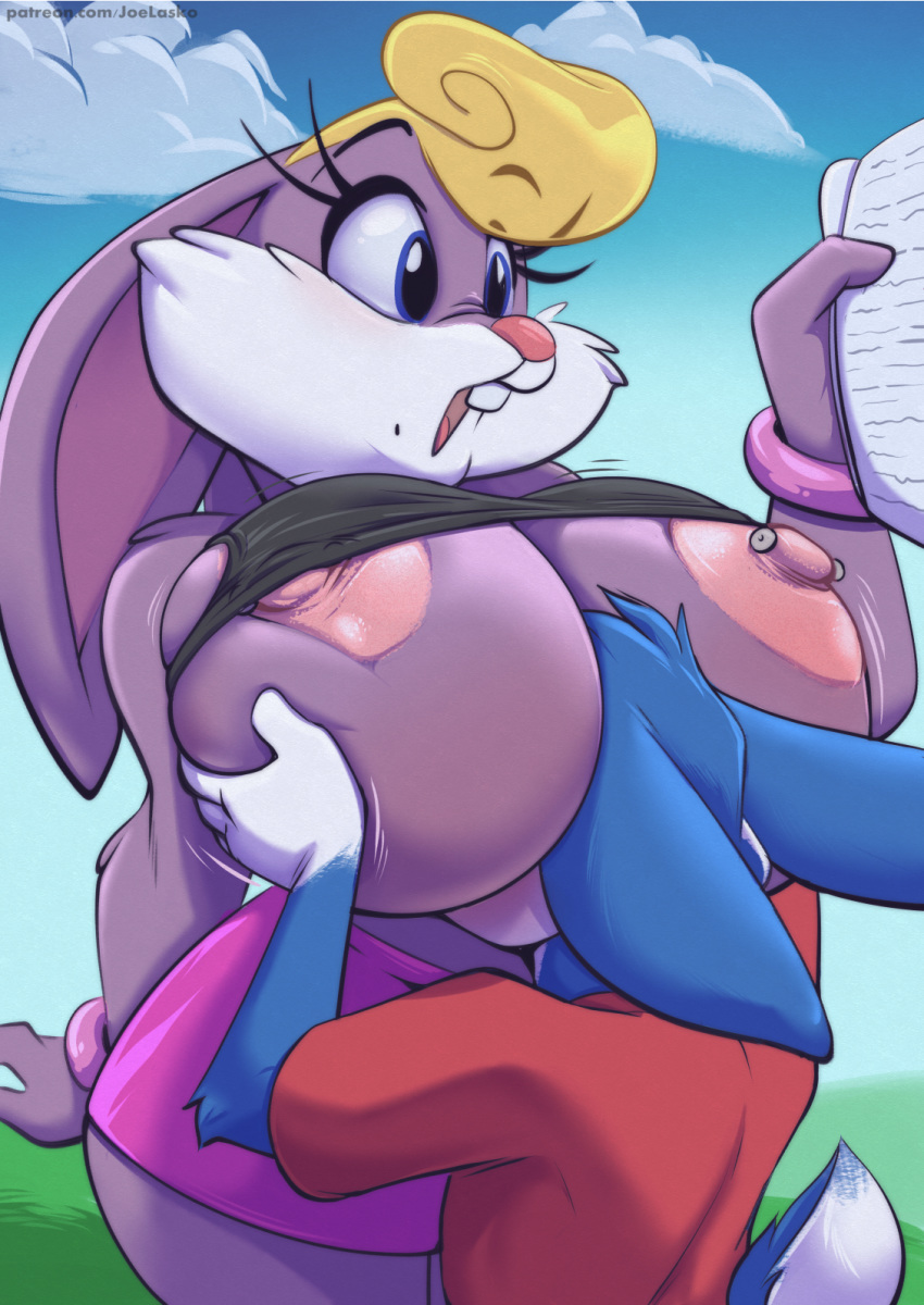 anthro anthro_on_anthro areola big_breasts binky_bunny blonde_hair blue_body blue_fur breast_grab breasts buckteeth buster_bunny clothed clothing curvy_figure duo female fully_clothed fur hair hand_on_breast head_between_breasts hi_res holding_object huge_breasts joelasko lagomorph leporid male male/female mammal motorboating nipple_piercing nipples outside partially_clothed piercing pink_areola pink_nipples pink_nose purple_body purple_fur rabbit teeth thick_thighs tiny_toon_adventures voluptuous warner_brothers white_body white_fur wide_hips