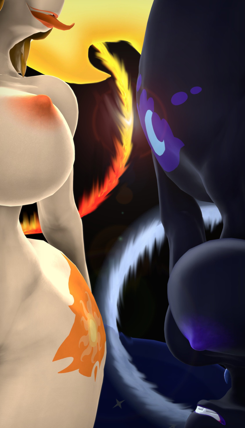 2020 3d_(artwork) absurd_res anthro anthrofied areola breasts cutie_mark daybreaker_(mlp) digital_media_(artwork) equid equine ethereal_hair fangs female fire flaming_hair friendship_is_magic gildedbonexfm hasbro hi_res mammal my_little_pony nightmare_moon_(mlp) nipples nude pseudo_hair source_filmmaker tongue tongue_out upside_down wide_hips