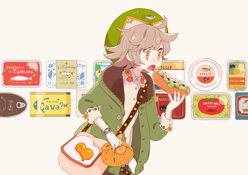 brown_hair cropped food hat hoodie orange_eyes original short_hair sorata123 wristwear