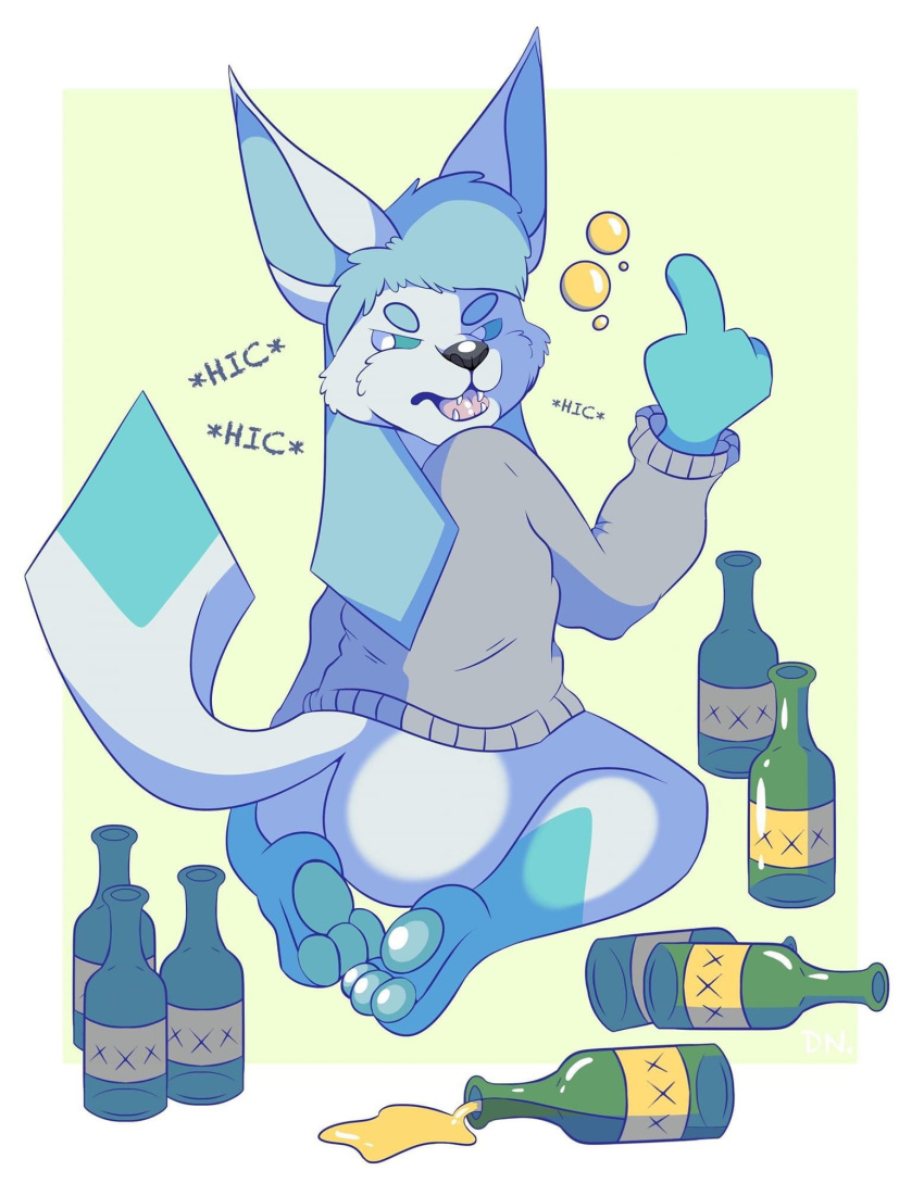 alcohol angry anthro beverage bottle bottomless british clothed clothing deurosion_(artist) drunk drunk_bubbles eeveelution fan_character gesture glace(~hey_yo~) glaceon hi_res hiccuping hoodie looking_at_viewer male middle_finger nintendo pawpads pok&eacute;mon pok&eacute;mon_(species) solo substance_intoxication topwear video_games