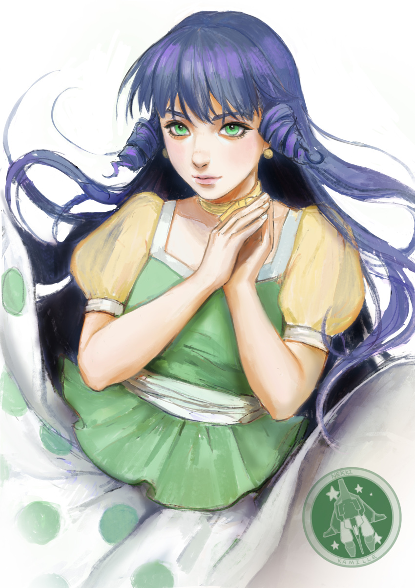 1girl absurdres blue_hair choker dress earrings green_eyes hands_together highres jewelry lips logo long_hair looking_at_viewer lynn_minmay macross macross:_do_you_remember_love? mecha nekkikamille realistic roundel science_fiction signature simple_background skirt solo songstress star_(symbol) variable_fighter